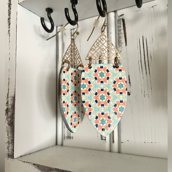 Blue/Greenish Wood Geometric Earrings - Picture 1 of 2